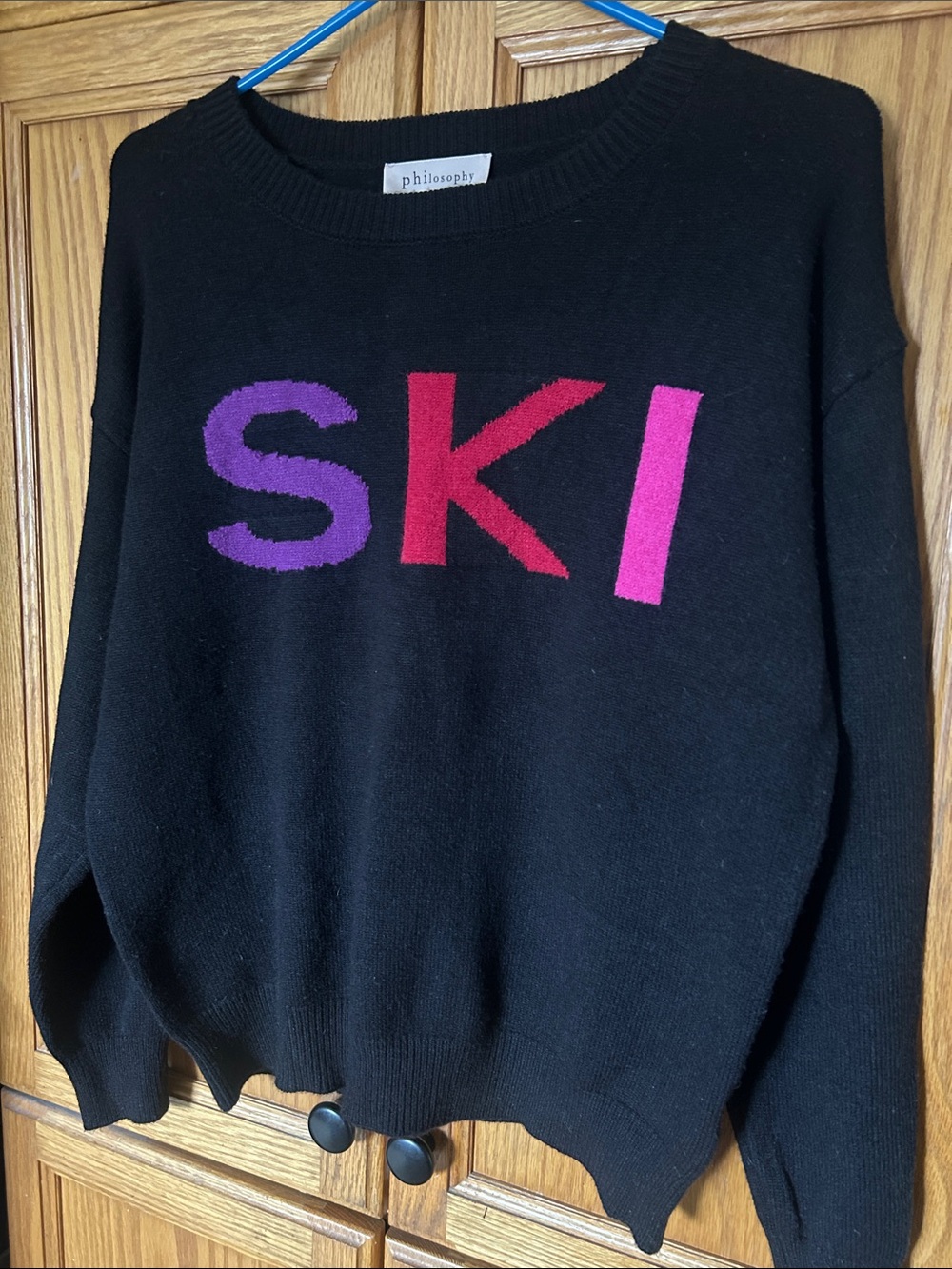 Philosophy Black Sweater with Purple, Red & Pink 'SKI' Letters